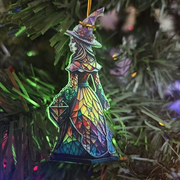 Acrylic Vintage Witch In Magical Stained Glass Dress Ornament Pendant - Picture 2 of 7
